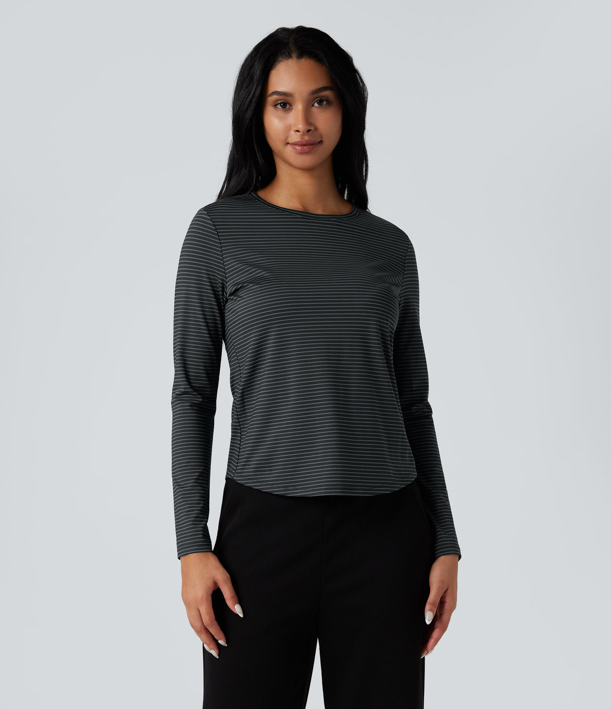 Round Neck Long Sleeve Stripes Curved Hem Yoga Sports Top — Steel Stripe — view 2