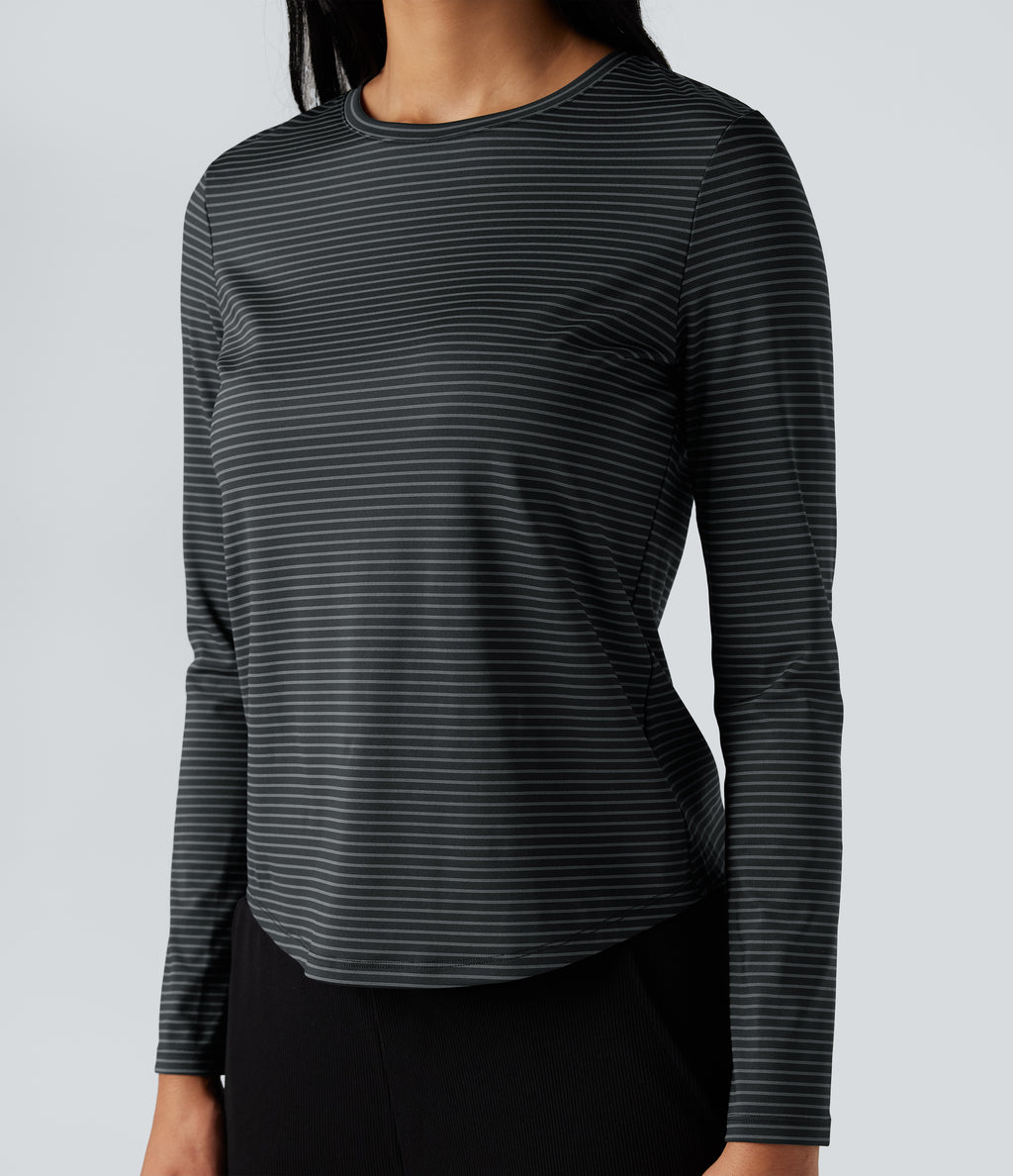 Round Neck Long Sleeve Stripes Curved Hem Yoga Sports Top — Steel Stripe — view 1