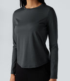 Round Neck Long Sleeve Stripes Curved Hem Yoga Sports Top — Steel Stripe — view 1