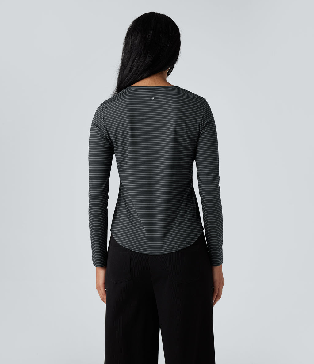 Round Neck Long Sleeve Stripes Curved Hem Yoga Sports Top — Steel Stripe — view 3