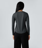 Round Neck Long Sleeve Stripes Curved Hem Yoga Sports Top — Steel Stripe — view 3