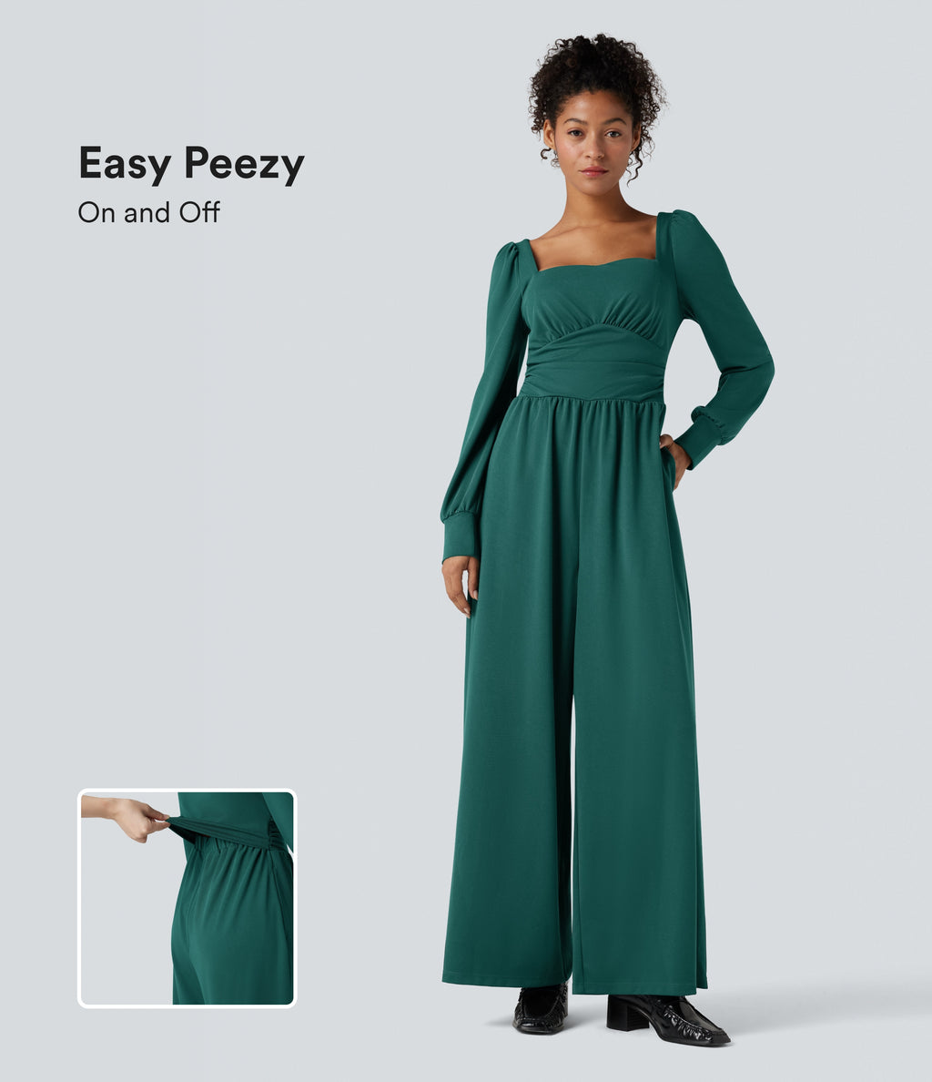 Square Neck Long Sleeve Work Jumpsuit with Pockets-Edition — Bayberry — view 1