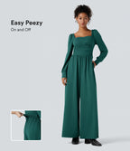 Square Neck Long Sleeve Work Jumpsuit with Pockets-Edition — Bayberry — view 1