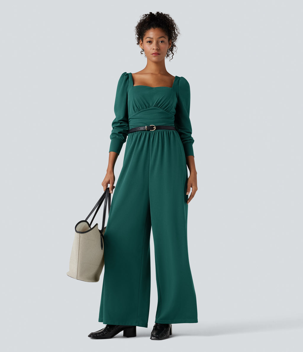 Square Neck Long Sleeve Work Jumpsuit with Pockets-Edition — Bayberry — view 7