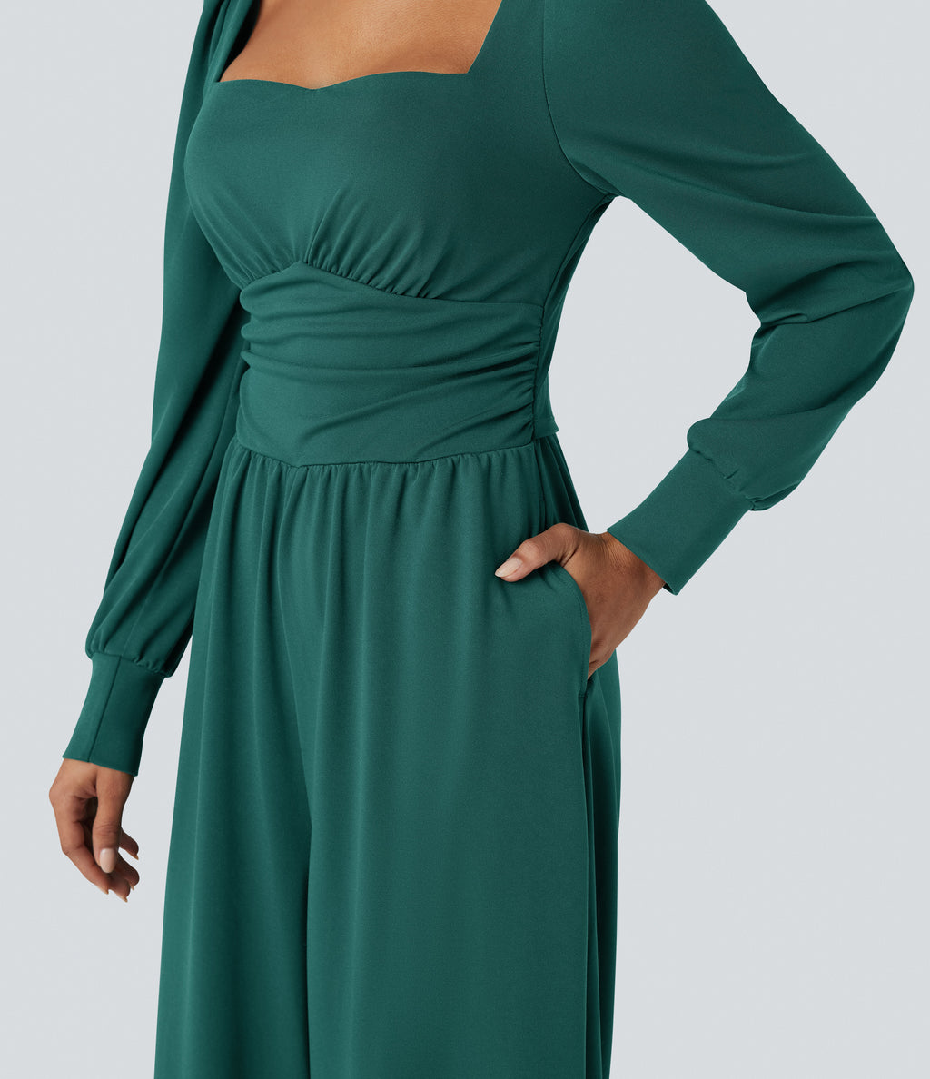 Square Neck Long Sleeve Work Jumpsuit with Pockets-Edition — Bayberry — view 6