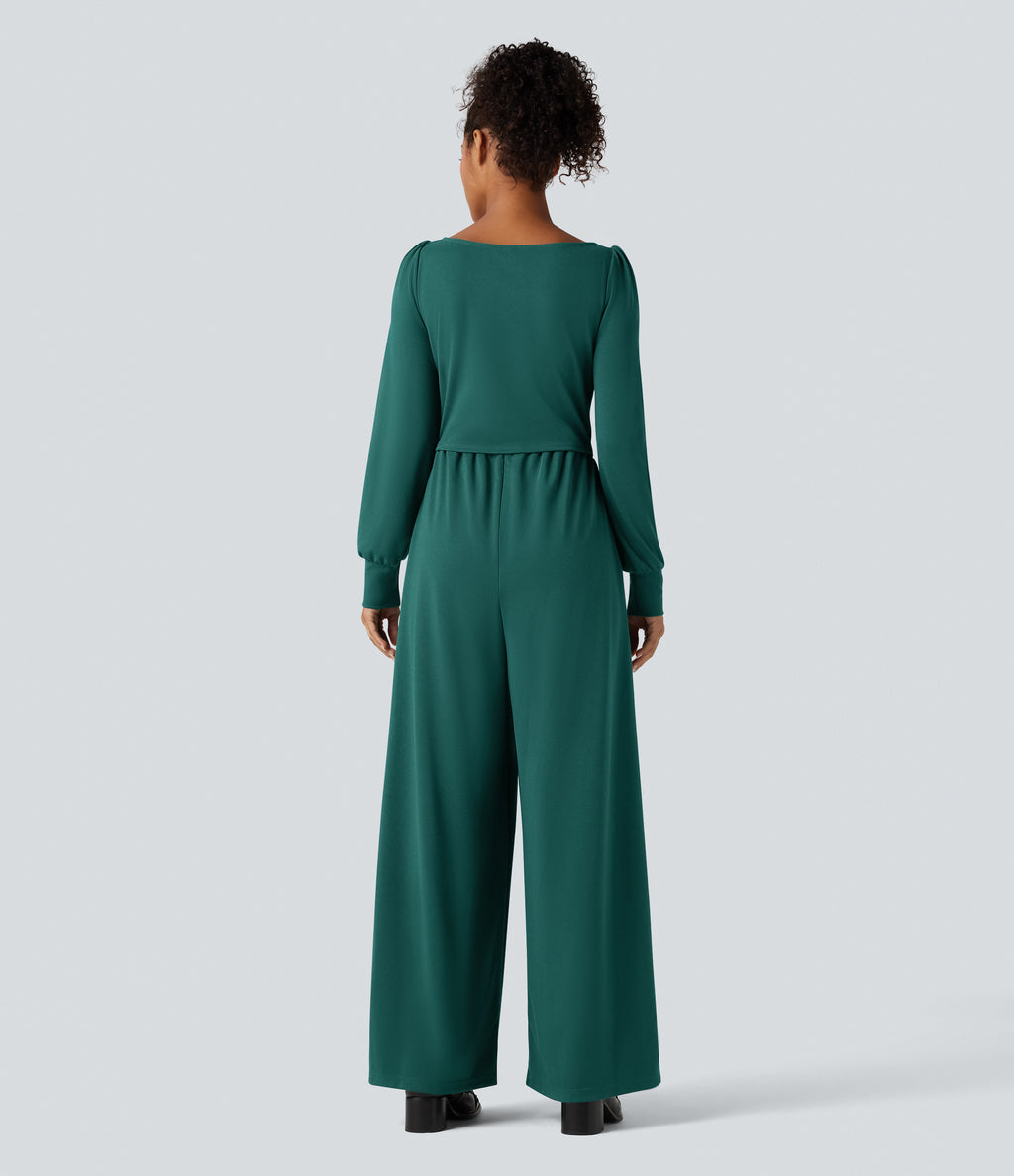 Square Neck Long Sleeve Work Jumpsuit with Pockets-Edition — Bayberry — view 2