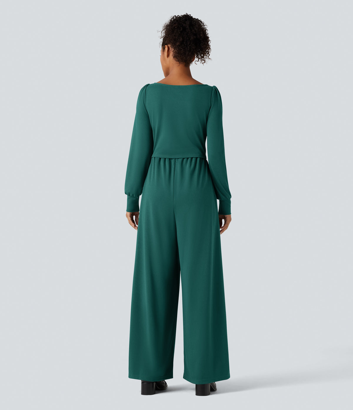 Square Neck Long Sleeve Work Jumpsuit with Pockets-Edition — Bayberry — view 2