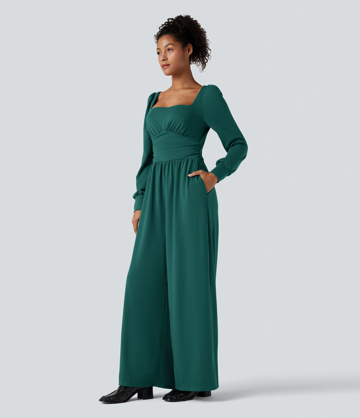 Square Neck Long Sleeve Work Jumpsuit with Pockets-Edition — Bayberry — view 3