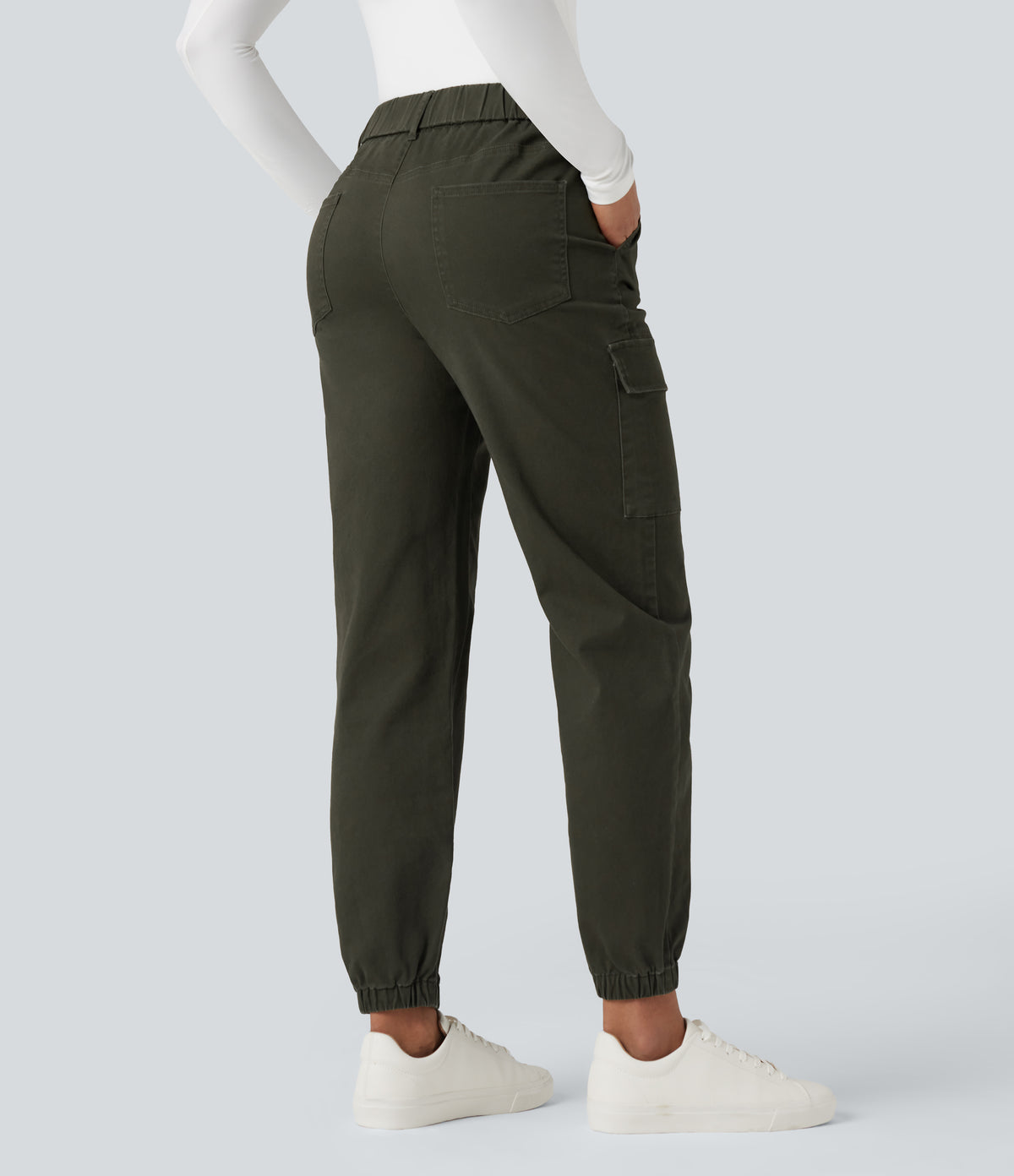 High-waisted Casual Chino Cotton Cargo Joggers with Pockets — Forest Night — view 2