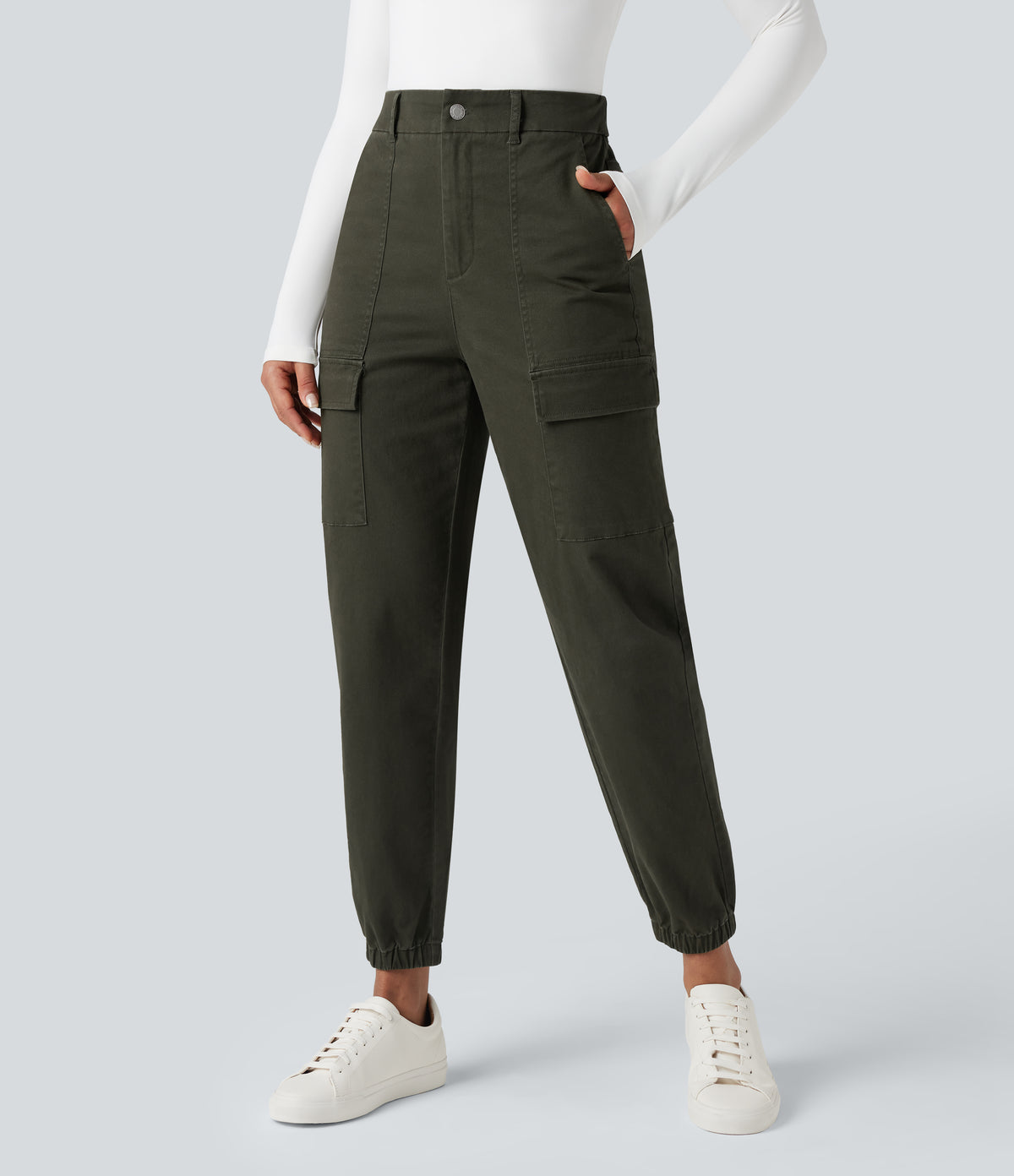 High-waisted Casual Chino Cotton Cargo Joggers with Pockets — Forest Night — view 3
