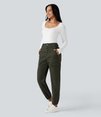 High-waisted Casual Chino Cotton Cargo Joggers with Pockets — Forest Night — view 7