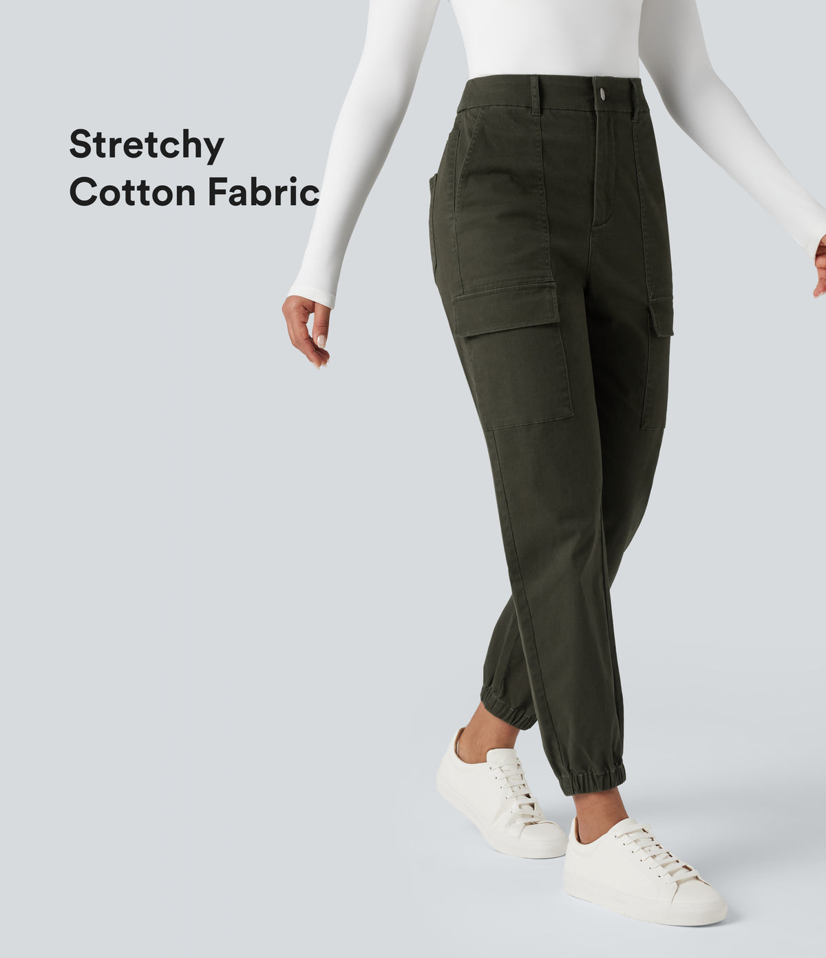 High-waisted Casual Chino Cotton Cargo Joggers with Pockets — Forest Night — view 1