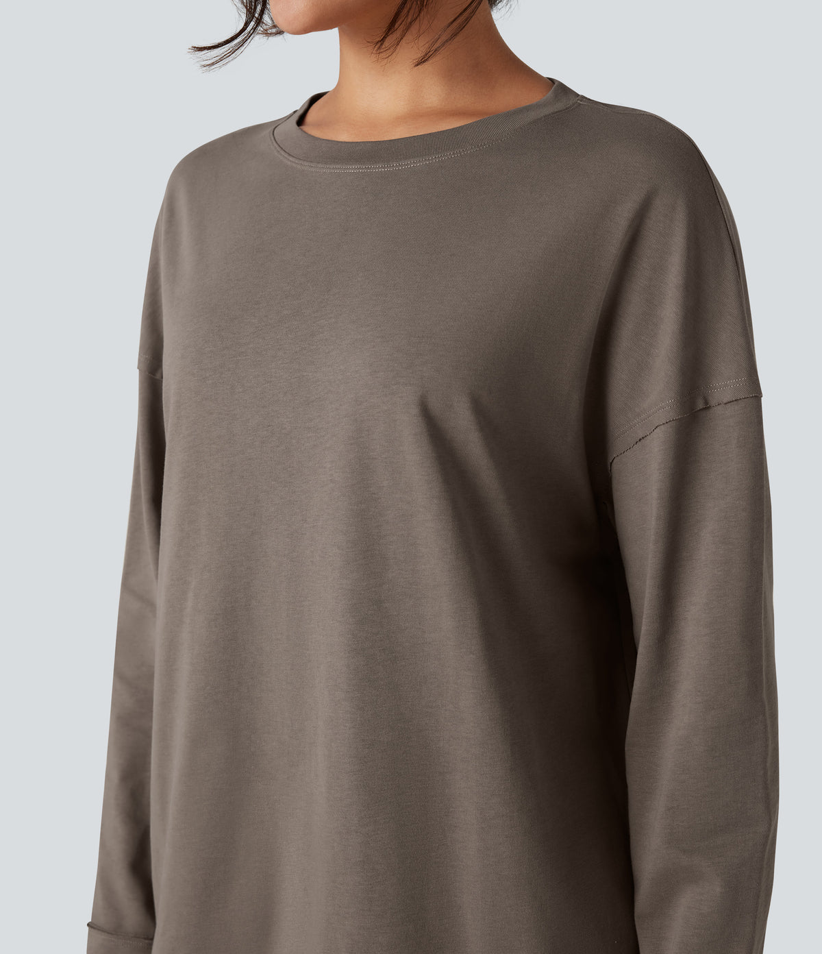 Round Neck Long Sleeve Oversized Casual Cotton T-Shirt — Walnut — view 4