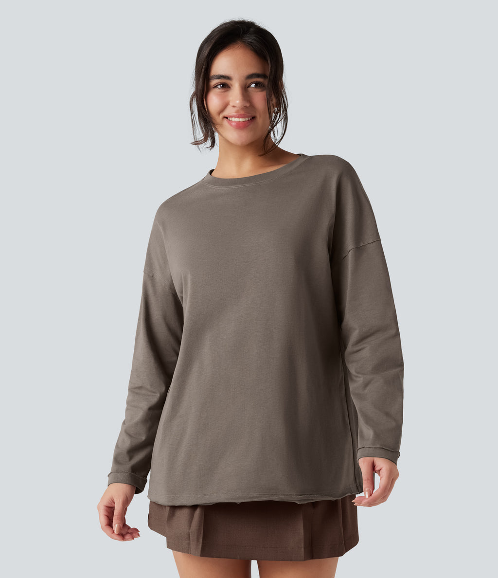 Round Neck Long Sleeve Oversized Casual Cotton T-Shirt — Walnut — view 7