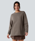 Round Neck Long Sleeve Oversized Casual Cotton T-Shirt — Walnut — view 7