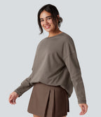 Round Neck Long Sleeve Oversized Casual Cotton T-Shirt — Walnut — view 3