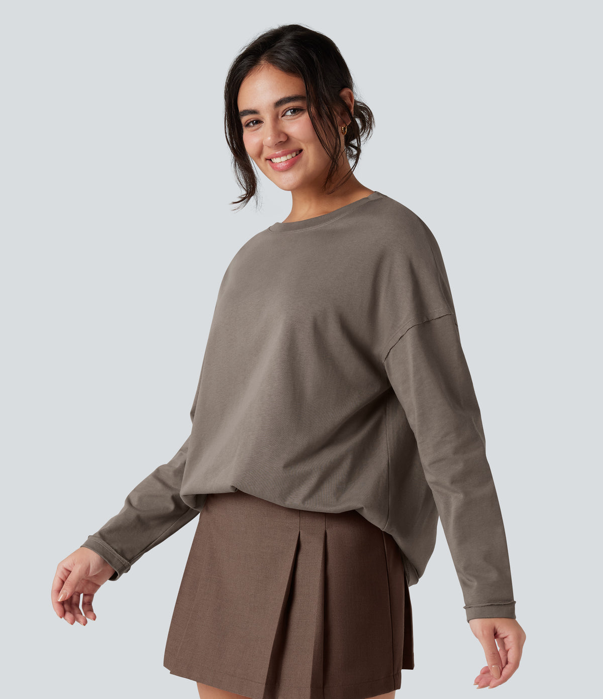 Round Neck Long Sleeve Oversized Casual Cotton T-Shirt — Walnut — view 3