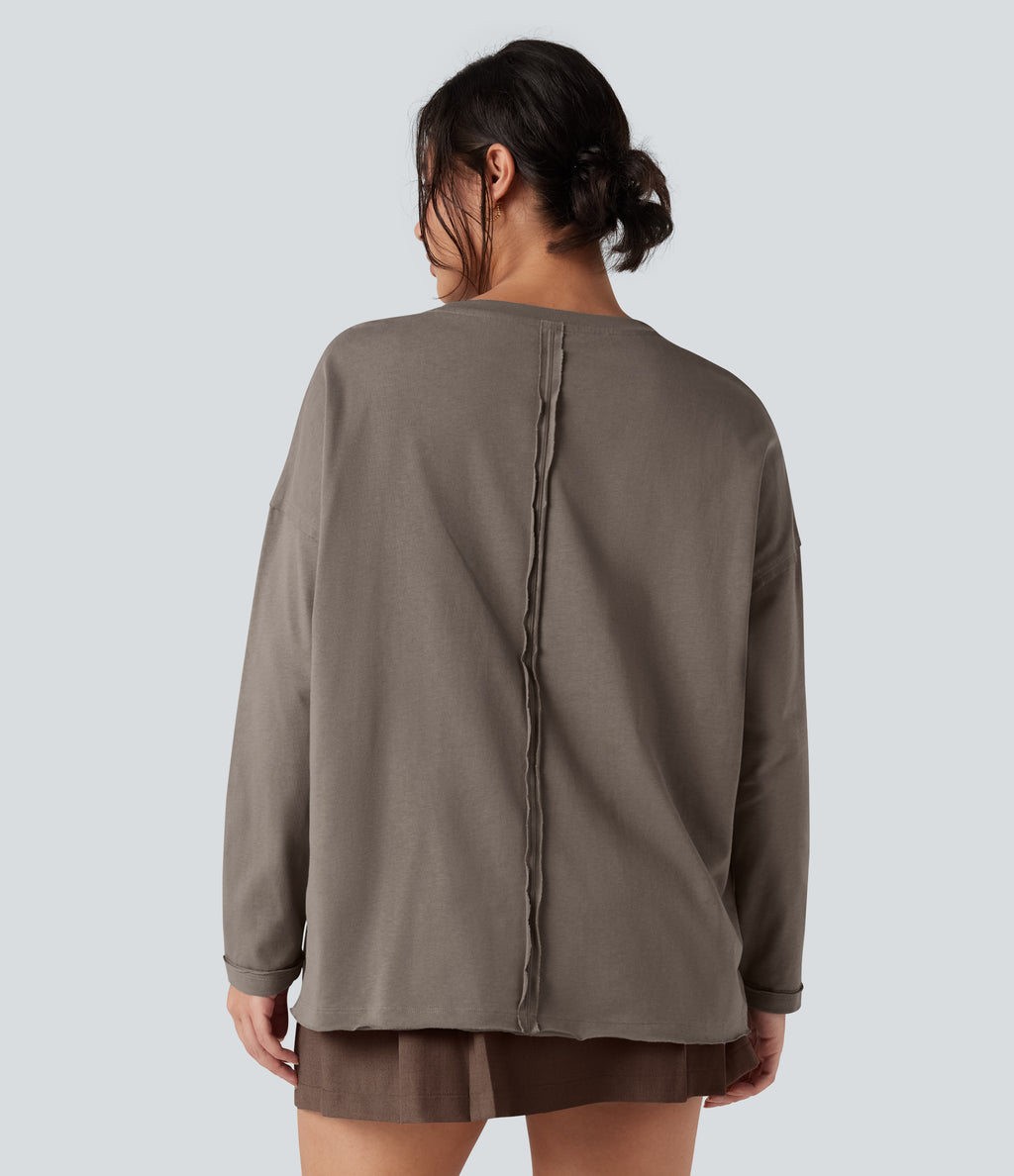 Round Neck Long Sleeve Oversized Casual Cotton T-Shirt — Walnut — view 2