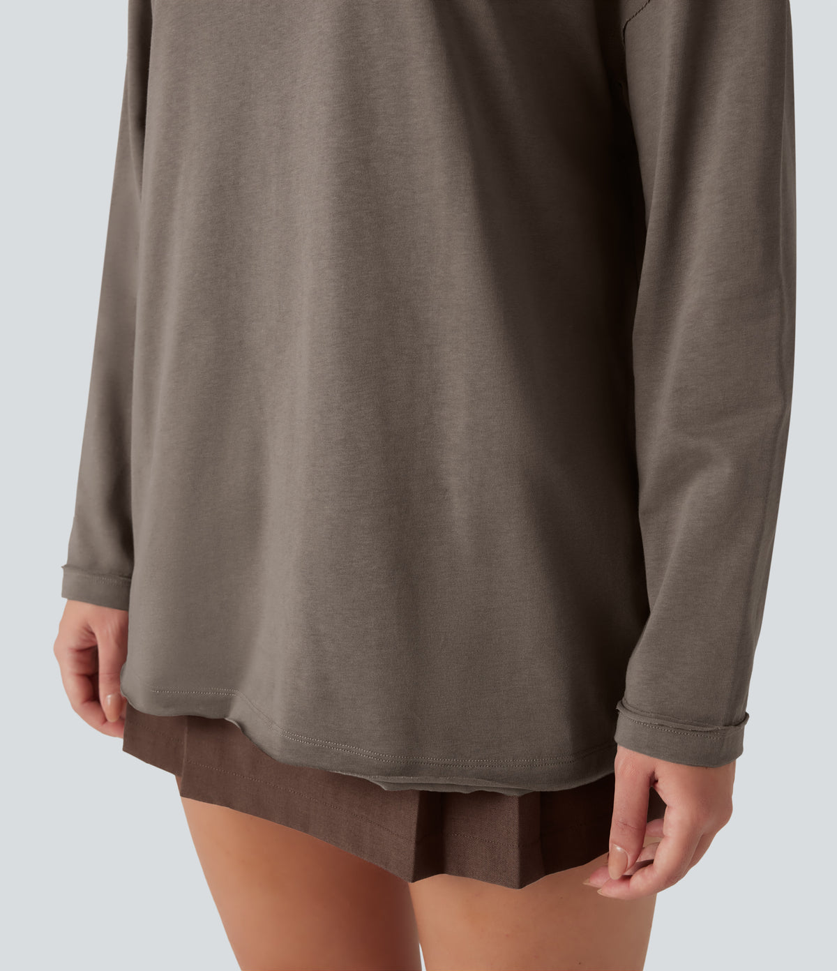 Round Neck Long Sleeve Oversized Casual Cotton T-Shirt — Walnut — view 5