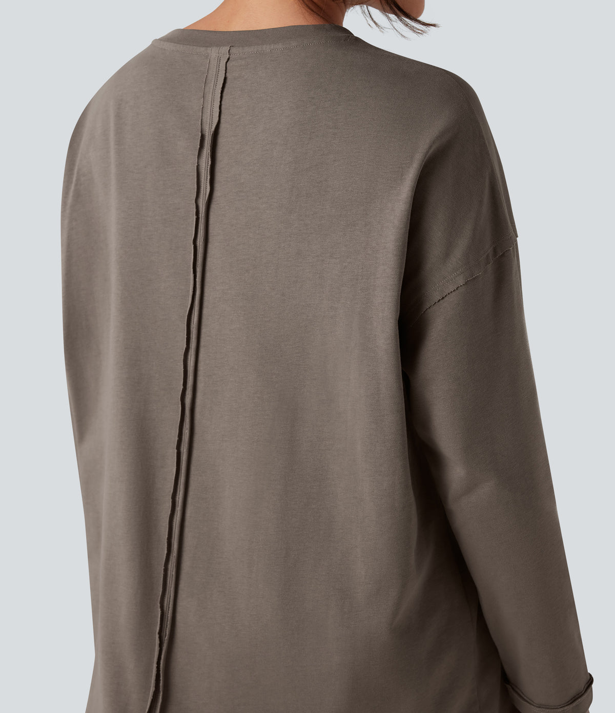 Round Neck Long Sleeve Oversized Casual Cotton T-Shirt — Walnut — view 6