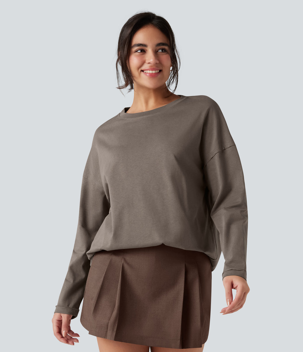 Round Neck Long Sleeve Oversized Casual Cotton T-Shirt — Walnut — view 1