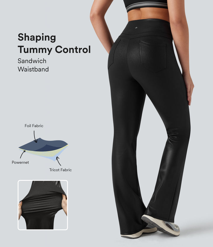 Faux Leather Shine High Waisted Tummy Control Yoga Leggings with Pockets — Black — view 1