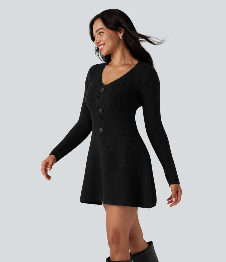 V-neck Long Sleeve Mini Casual Jumper Dress — Black — view 9