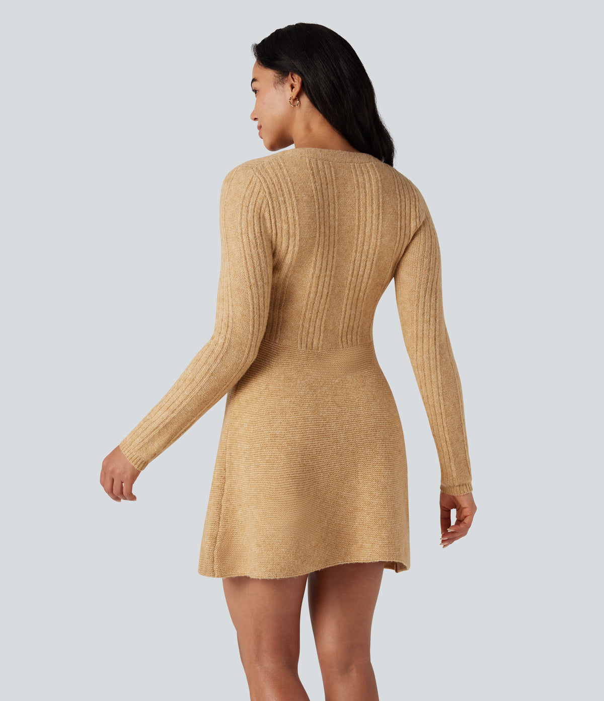 V-neck Long Sleeve Mini Casual Jumper Dress — Moonstone — view 3