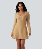 V-neck Long Sleeve Mini Casual Jumper Dress — Moonstone — view 2