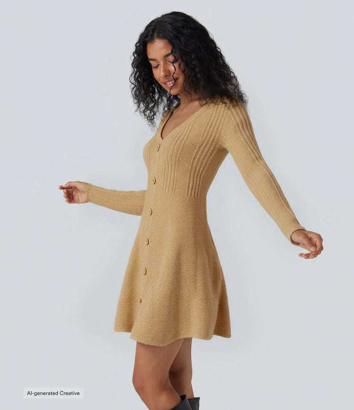 V-neck Long Sleeve Mini Casual Jumper Dress — Moonstone — view 1