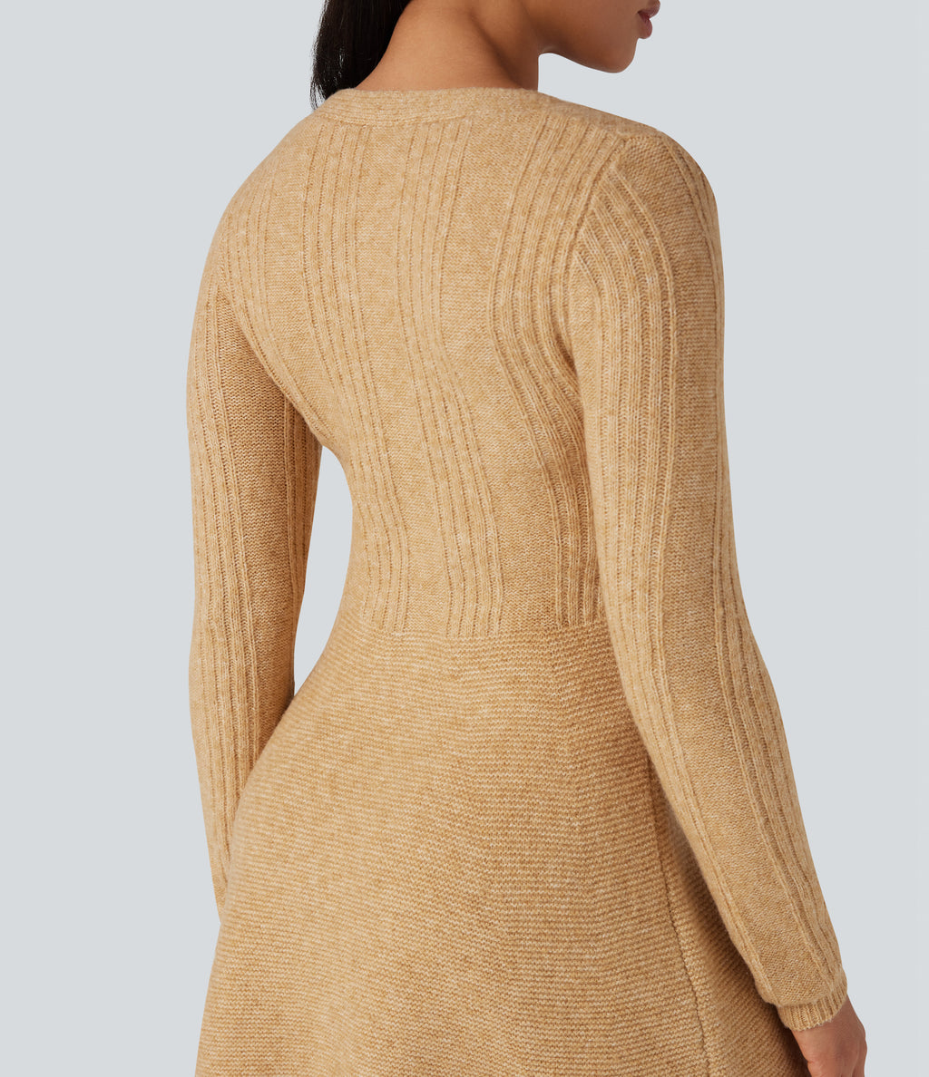 V-neck Long Sleeve Mini Casual Jumper Dress — Moonstone — view 6
