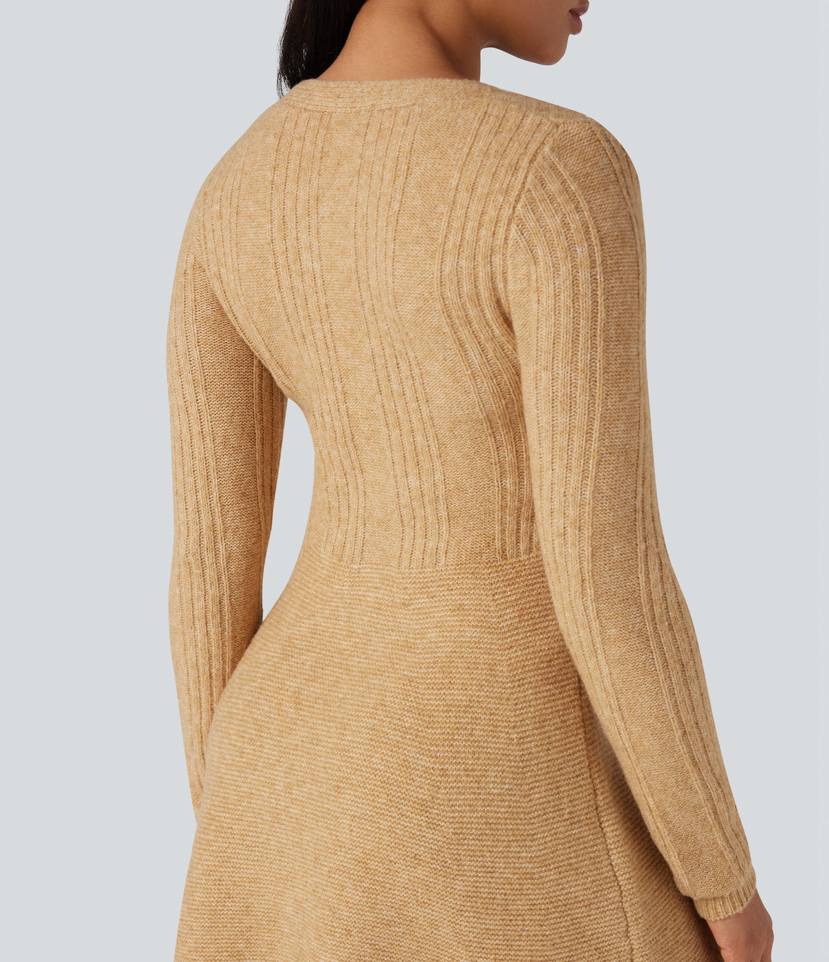 V-neck Long Sleeve Mini Casual Jumper Dress — Moonstone — view 6