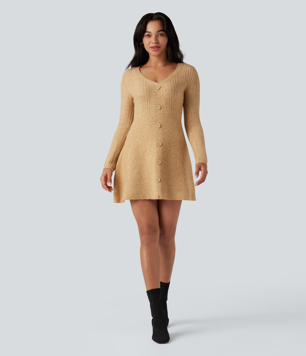 V-neck Long Sleeve Mini Casual Jumper Dress — Moonstone — view 7