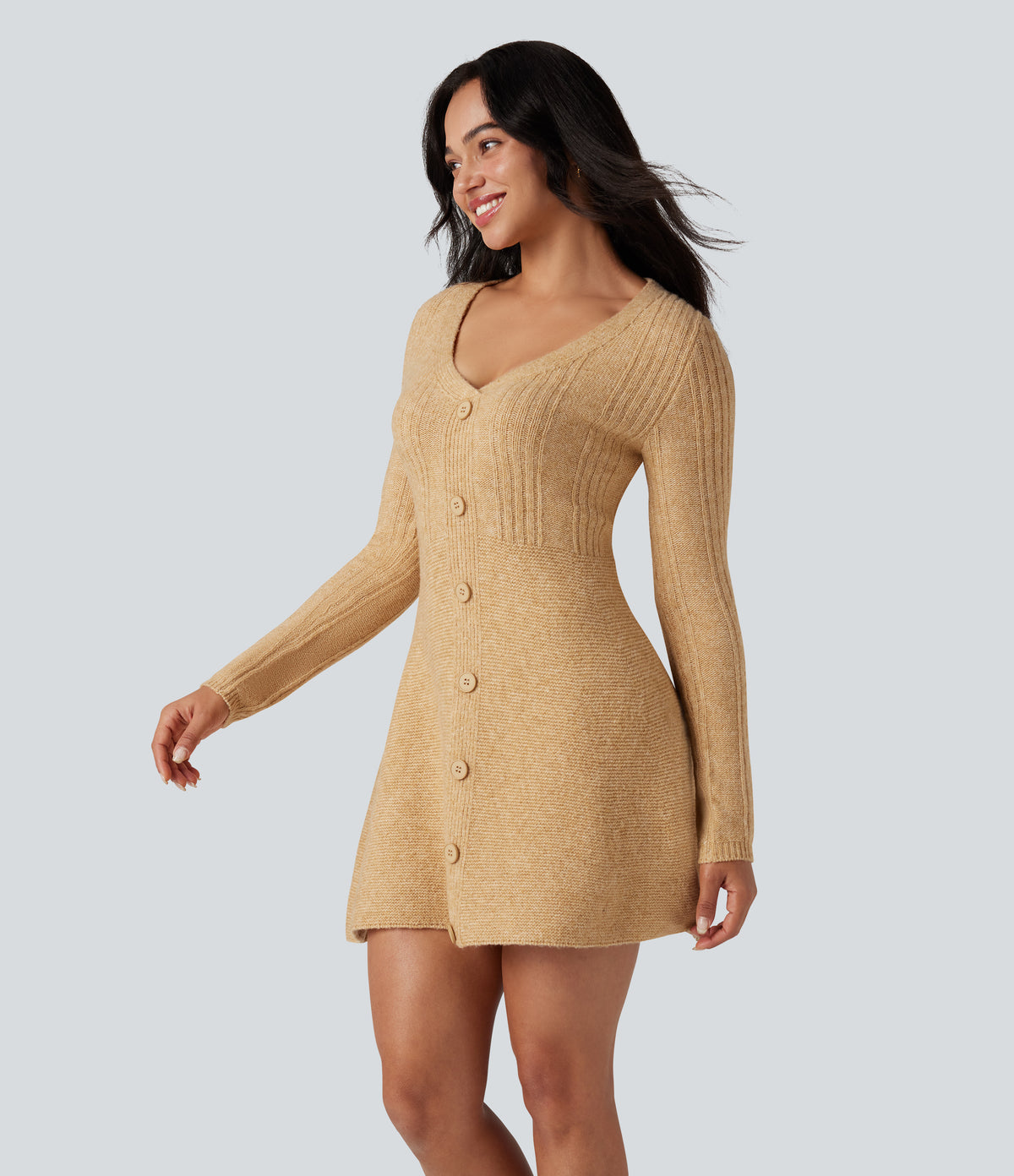 V-neck Long Sleeve Mini Casual Jumper Dress — Moonstone — view 4