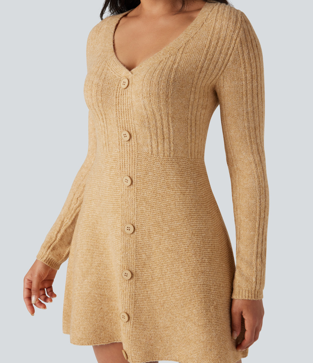 V-neck Long Sleeve Mini Casual Jumper Dress — Moonstone — view 5