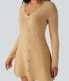 V-neck Long Sleeve Mini Casual Jumper Dress — Moonstone — view 5