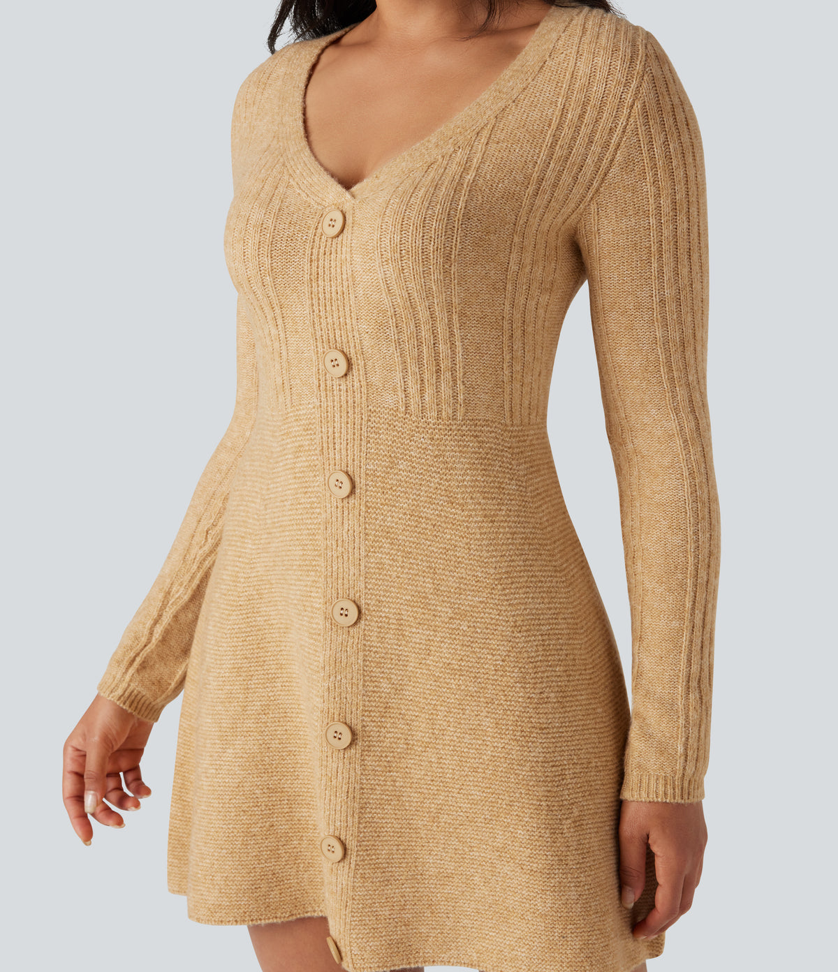 V-neck Long Sleeve Mini Casual Jumper Dress — Moonstone — view 5