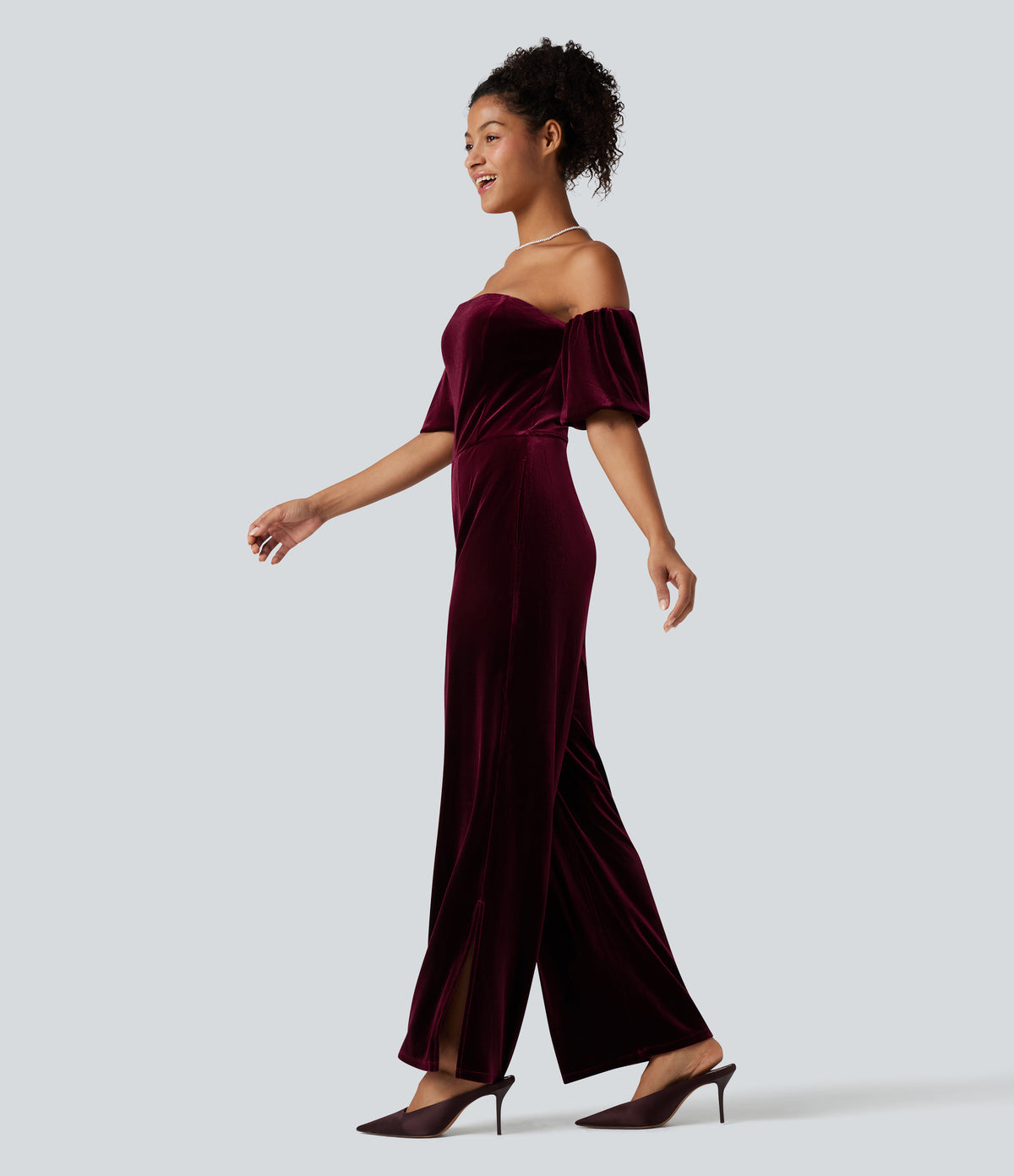 Tube Puff Sleeve Split Velvet Party Jumpsuit — Dusky purple — view 3