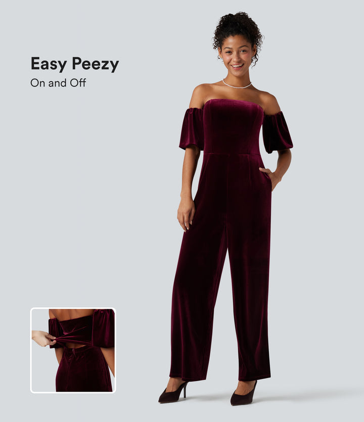 Tube Puff Sleeve Split Velvet Party Jumpsuit — Dusky purple — view 1