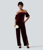 Tube Puff Sleeve Split Velvet Party Jumpsuit — Dusky purple — view 7