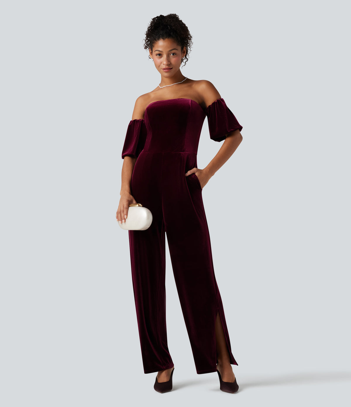 Tube Puff Sleeve Split Velvet Party Jumpsuit — Dusky purple — view 7