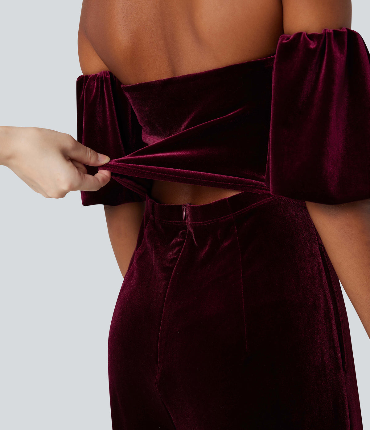 Tube Puff Sleeve Split Velvet Party Jumpsuit — Dusky purple — view 4