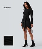 Round Neck Long Sleeve Ruched Bodycon Mini Sparkle Party Dress — Midnight Spark — view 1