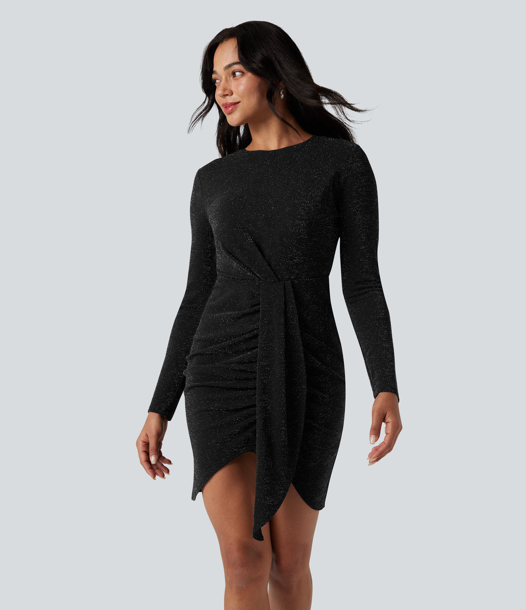 Round Neck Long Sleeve Ruched Bodycon Mini Sparkle Party Dress — Midnight Spark — view 3