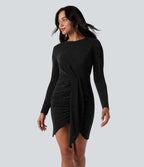 Round Neck Long Sleeve Ruched Bodycon Mini Sparkle Party Dress — Midnight Spark — view 3