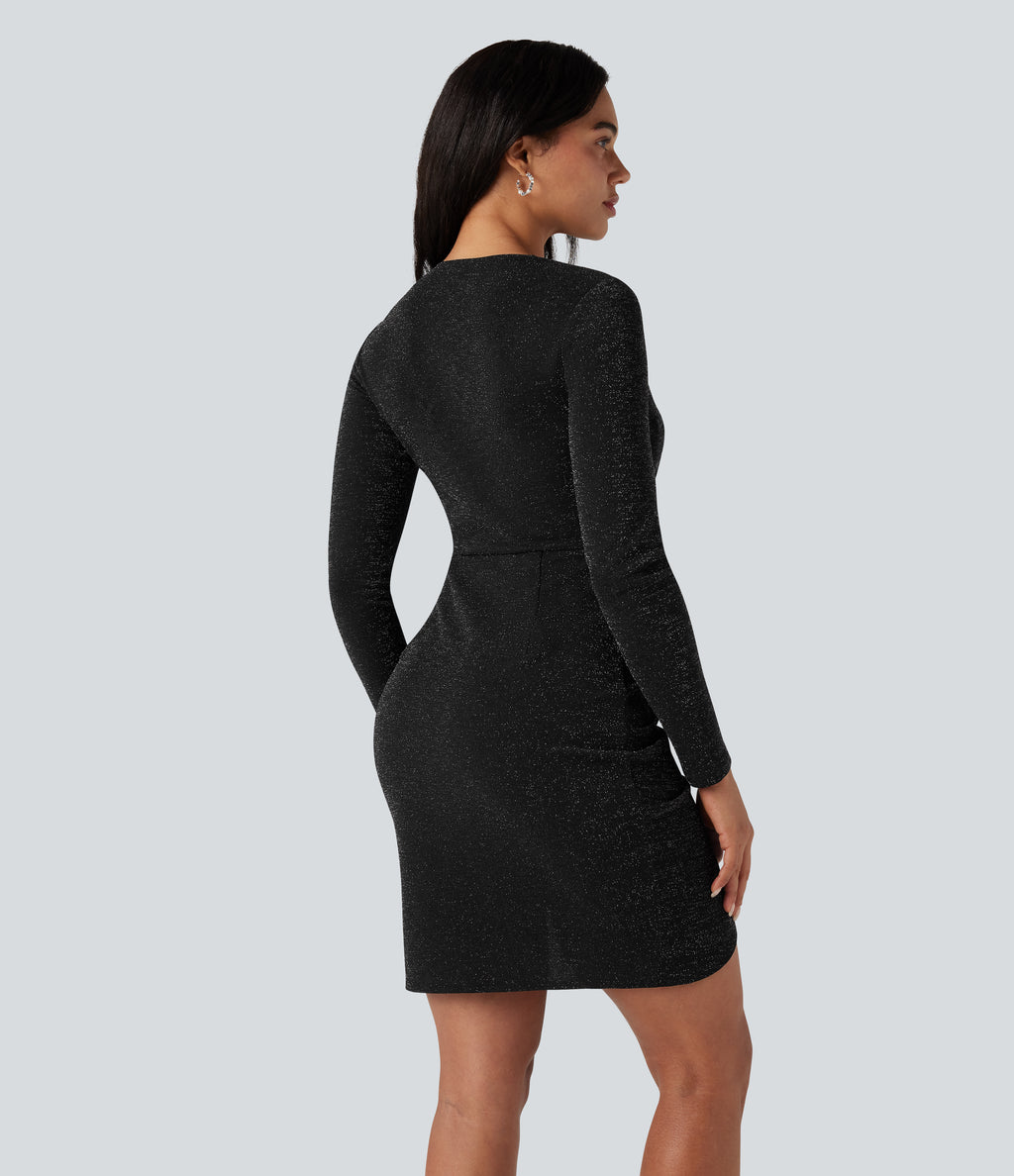 Round Neck Long Sleeve Ruched Bodycon Mini Sparkle Party Dress — Midnight Spark — view 2