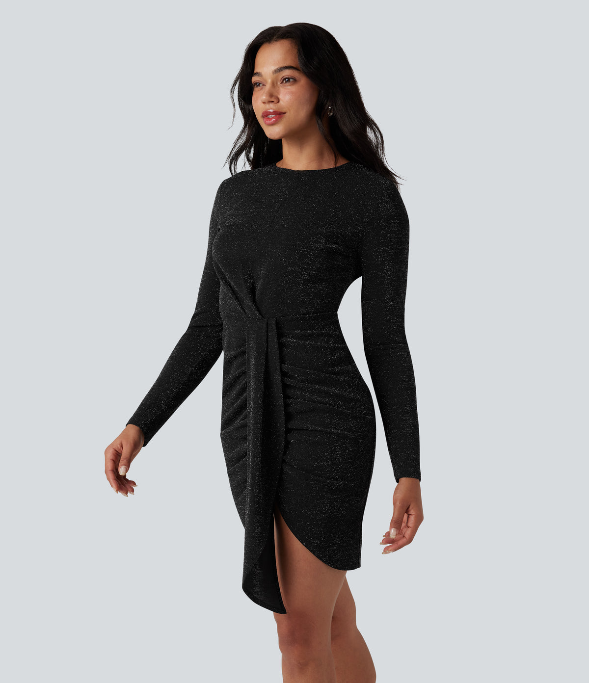 Round Neck Long Sleeve Ruched Bodycon Mini Sparkle Party Dress — Midnight Spark — view 4