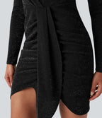 Round Neck Long Sleeve Ruched Bodycon Mini Sparkle Party Dress — Midnight Spark — view 6