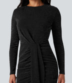 Round Neck Long Sleeve Ruched Bodycon Mini Sparkle Party Dress — Midnight Spark — view 5