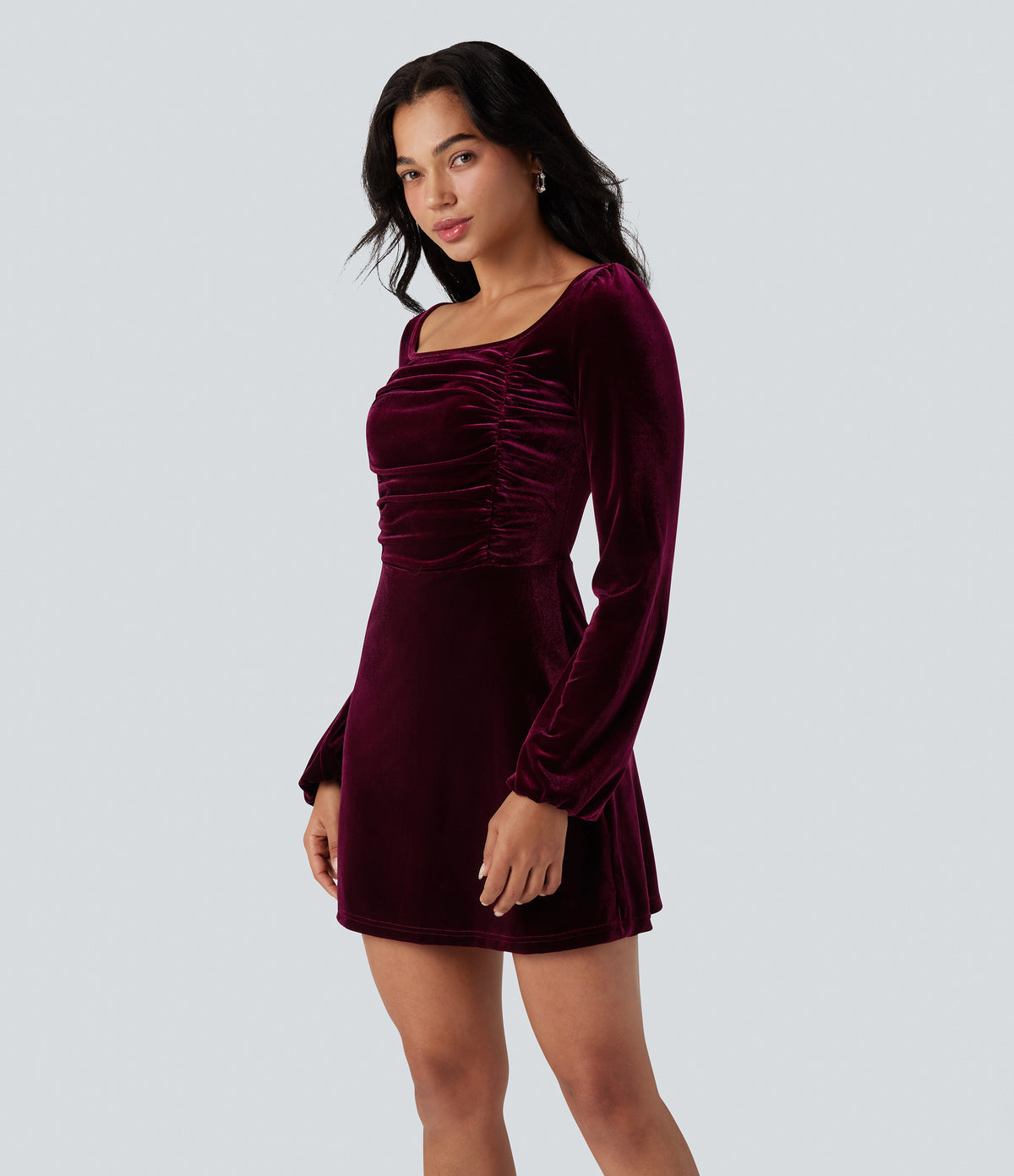 Square Neck Long Sleeve Ruched Velvet Mini Dress — Dusky purple — view 3